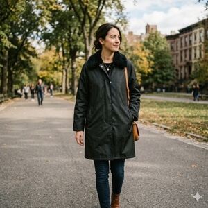 Vintage American Bazaar Black Fur Collar All Weather Fleece Lined Coat Medium